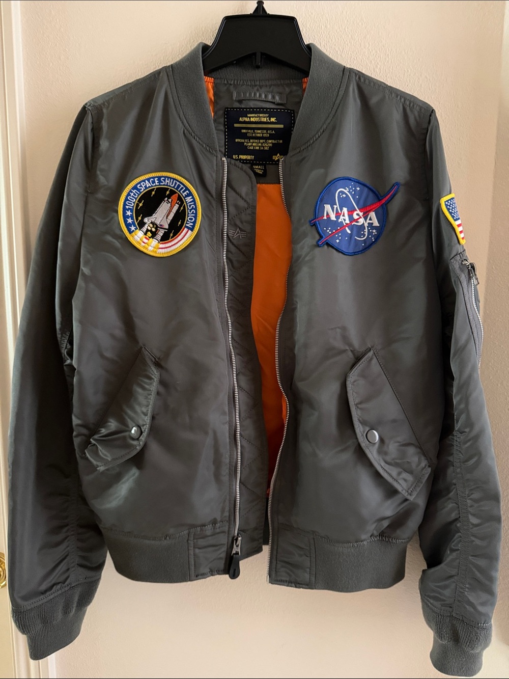 Alpha Industries Gray Bomber Jacket with Orange Lining and NASA Patches